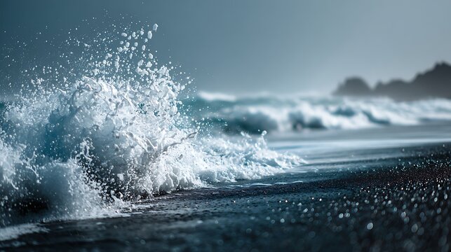 white waves crashing on black volcanic sand beach ocean spray vivid scene - Powered by Adobe
