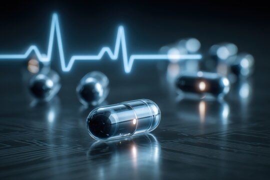 A dark ambient scene with blue-transparent capsules lying on a glass surface with reflected circuit lines beneath.