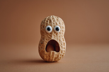 Obraz premium Surprised peanut with googly eyes expressing shock on a neutral background, creating a quirky and humorous visual element for creative projects