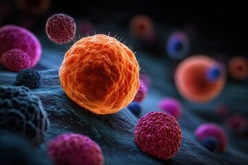 A detailed 3D microscopic view of human cellular structures, showing a large textured orange cell surrounded by smaller colorful cells in red, pink, and blue.