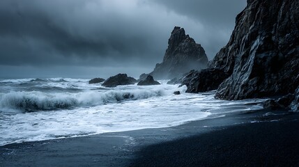 Fototapeta premium black volcanic sand beach with crashing waves rough sea atmospheric mood