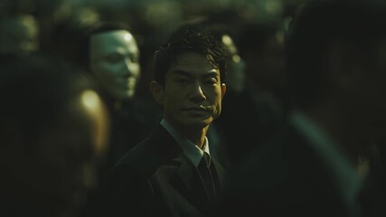 Gathering of masked individuals in suits at a mysterious event in a dimly lit setting