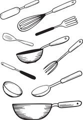 Hand-drawn collection of kitchen utensils in a black and white sketch style. Vector cooking tools set.