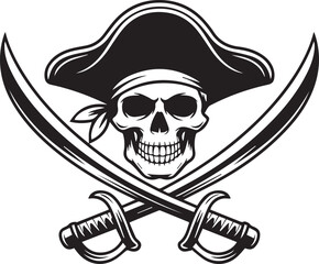 A vintage pirate skull emblem with crossed swords. This monochrome vector illustration features a corsair wearing a tricorn hat.