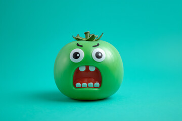 Green tomato with exaggerated facial expression and open mouth against a vibrant turquoise background, creating a playful and humorous vibe