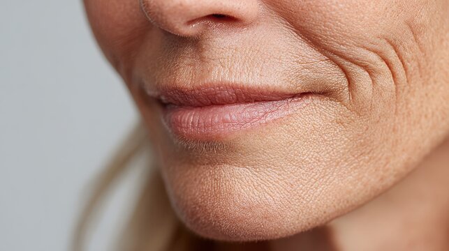 close up of caucasian mature womans lips showcasing wrinkles, dimples and natural aging texture, perfect for anti aging or cosmetic industry