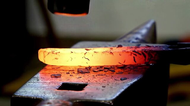 Macro Sparks Flying on Anvil Under Blacksmith Workshop Lighting