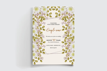 WEDDING INVITATION FRAME WITH FLOWER DECORATIONS AND FRESH LEAVES