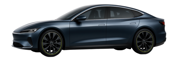 Dynamic electric sedan with a low front air intake and sculpted side panels