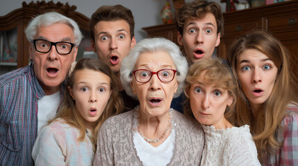 Obraz premium Multi-generational family reacting with confusion to a manipulated family video.