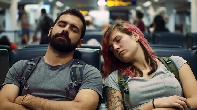 Young Caucasian Male and Female Sleeping in Airport Terminal Seats