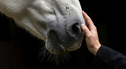 Gentle Touch Light Gray Horse Muzzle Being Caressed By Human Hand With Black Background Showing Intimacy And Trust