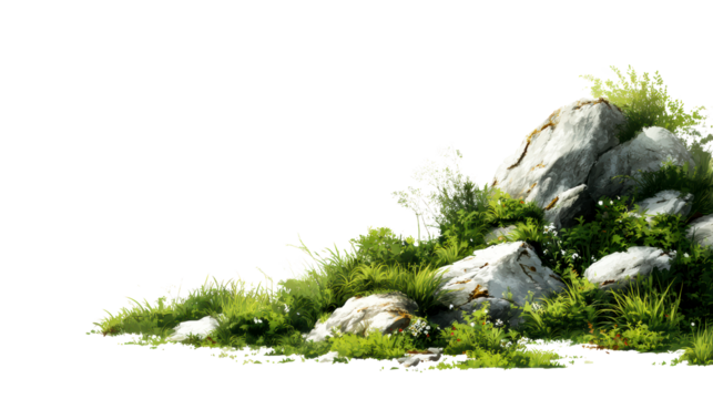 Lush greenery and rocks in a serene natural setting