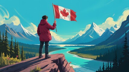 Obraz premium Person holding Canadian flag on cliff overlooking mountain river valley Canada holding flag