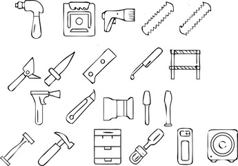 Minimal Line Art Icons of Utility Tools and Blades for Construction & Crafting