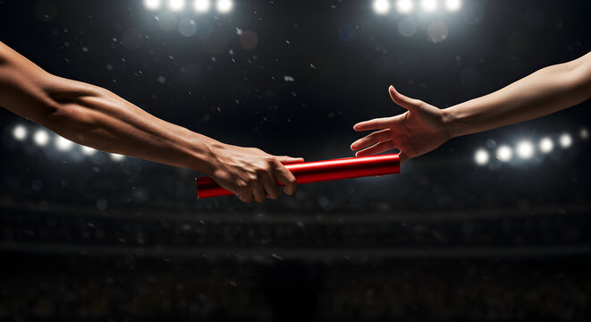Intense Relay Race Scene Two Athletes Exchange Baton Under Stadium Lights