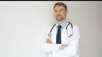 Confident male physician wearing stethoscope and white coat, standing with crossed arms and gazing...