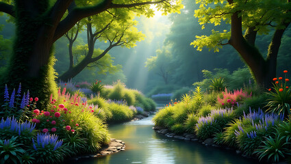 Sunlight streams through lush green trees onto a vibrant flower lined stream in a magical forest