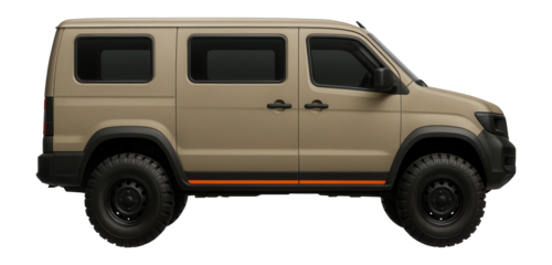 Off-road van with small, reinforced windows and oversized tires