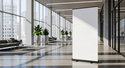 Obraz premium Blank Banner Stand in Modern Office Lobby with City View,mockup