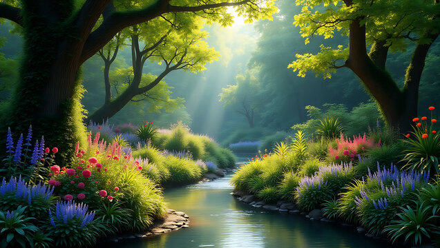 Sunlight streams through lush green trees onto a vibrant flower lined stream in a magical forest - Powered by Adobe