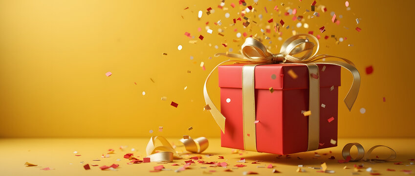 Boite cadeau rouge au noeud dor&eacute; sur fond or d&eacute;cor&eacute; de confettis festifs | noel 
