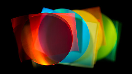 Abstract composition of overlapping colorful translucent shapes and circles creating a vibrant, glowing, and dynamic visual effect against a dark background