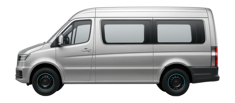 Utility van with a boxy shape and elongated side windows