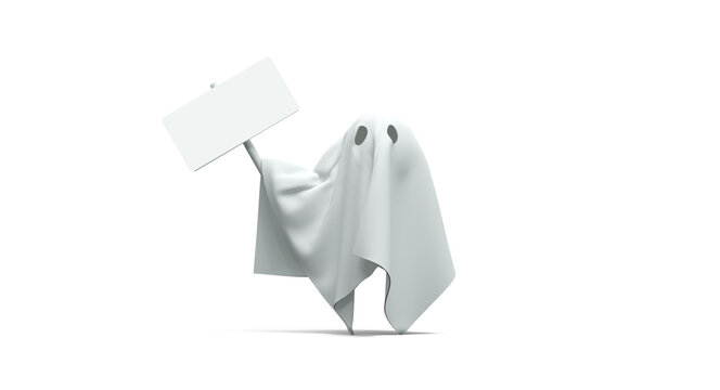 ghost made with a sheet, holding a white sign - 3D rendering on transparent background