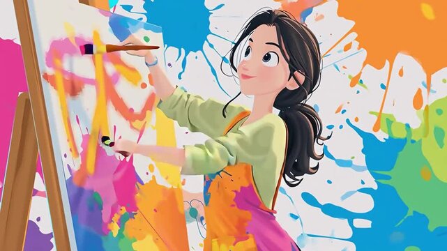 Animated Woman Painting Colorful Abstract Art on Canvas