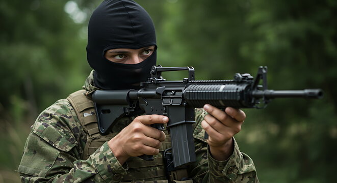Soldier in camouflage with rifle aiming target for military operations