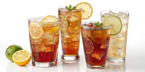 Refreshing Iced Tea Drinks with Citrus Garnishes on White Background
