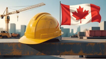 Yellow hard hat and Canadian flag at construction site safety Canada