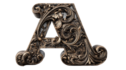Ornate letter A with intricate floral design and carved details