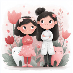 Two girls are standing in a garden with a toothbrush and a tooth. They are wearing white and pink clothes
