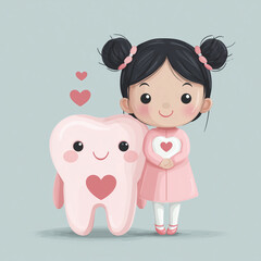 A young girl is holding a toothbrush with a heart on it, and she is smiling. The toothbrush is placed next to another toothbrush, which is also holding a heart. Concept of playfulness and joy