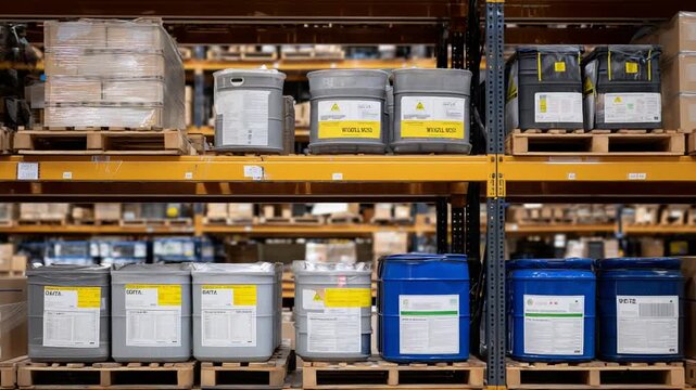 Industrial shelving with labeled chemical containers, DOT and OSHA symbols, absorbent pads, and a well-ventilated storage setup.
