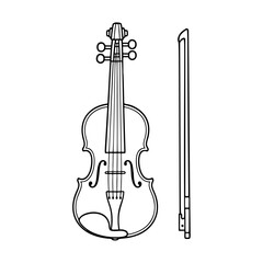 violin and bow outline icon line art, black and white doodle style. Ideal for logo, tattoo, app, coloring book, web design, infographics, banner, poster, and more. Vector illustration