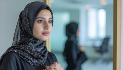 Muslim woman in hijab adjusting posture near office mirror in a thoughtful, elegant setting