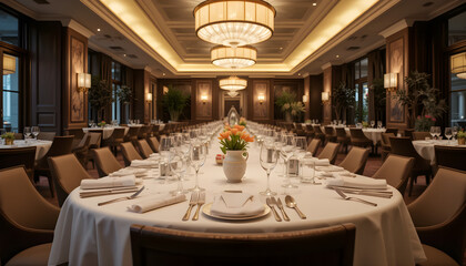 Elegant restaurant table setting with soft overhead lighting and warm ambient atmosphere