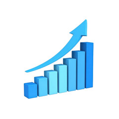 Blue bar graph with upward arrow indicating growth on a black background representing success