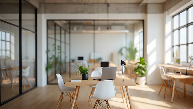 Modern dining room with wooden table and stylish chairs in bright home interior setting - Powered by Adobe
