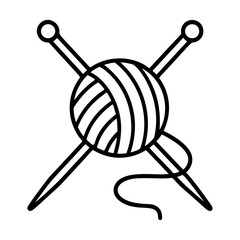 yarn ball with knitting needles black and white icon clean line art, doodle style. Ideal for logo, tattoo, app, coloring book, web design, infographics, banner, poster, and more. Vector illustration