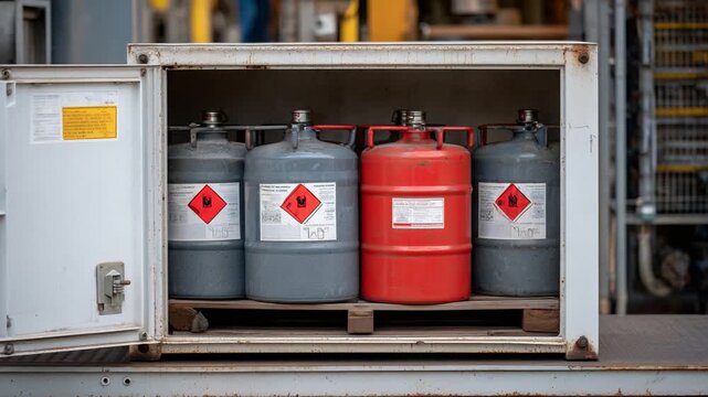 Explore a secure storage solution for flammable solvents featuring bright red hazard diamonds, grounding wires, and ventilation in an explosion-proof chemical cabinet.