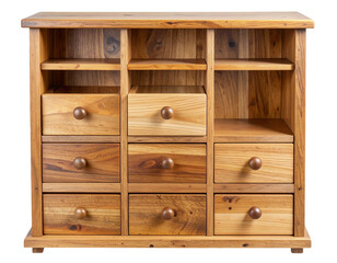 Front View of Rustic Vintage Wooden Spice Rack with Small Drawers, Transparent Background PNG