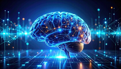A glowing digital brain with interconnected neural networks and data points representing artificial intelligence and advanced technology.