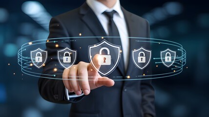 Businessman touching digital security shield with padlock icons