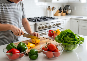 person chopping vegetables in bright modern kitchen for healthy meal

