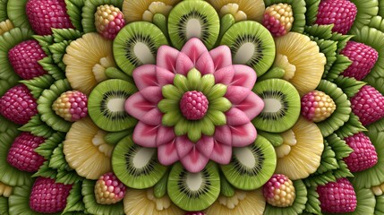 Fruity Mandala: A Vibrant Symphony of Raspberries, Kiwis, and Pineapple