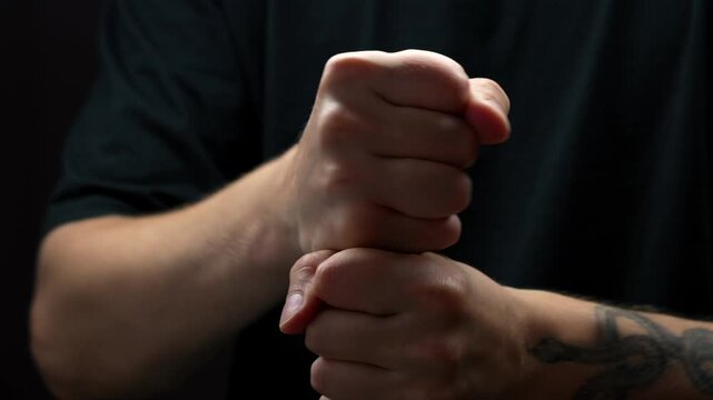 Negativity and aggression.
A man imitates strangulation with his hands.
An angry and dangerous man on a black background shows a gesture of anger and strangulation